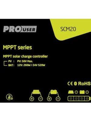 MPPT regulátor ProUser SCM20 20A 12V/24V - pro solární panely / Bluetooth připojení / optimalizace výkonu Horká Nabídka