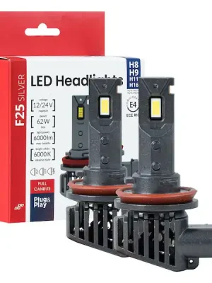 LED žárovky hlavního svícení Série F25 SILVER FULL CANBUS H8/H9/H11/H16 62W 12V 24V AMIO-04705 Omezená Nabídka